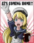  2018_fifa_world_cup admiral_paru alcohol beer blonde_hair blue_eyes blue_sailor_collar commentary cup dress drinking_glass england english english_commentary gloves hat highres jervis_(kantai_collection) kantai_collection long_hair looking_at_viewer open_mouth propaganda sailor_collar sailor_dress sailor_hat short_sleeves soccer solo twitter_username waving white_dress white_gloves white_hat world_cup 