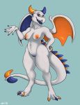  anthro breasts dbd dragon female horn looking_at_viewer nipples nude open_mouth pussy smile solo standing thick_thighs tide_pod wings 