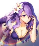  bikini breasts camilla_(fire_emblem_if) cleavage commentary fire_emblem fire_emblem_heroes fire_emblem_if flower hair_flower hair_ornament hair_over_one_eye hand_in_hair hanging_breasts large_breasts leaning_forward lips long_hair parted_lips purple_eyes purple_hair solo streya swimsuit 