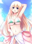  bikini blonde_hair blue_eyes blush breasts cloud commentary_request day doria_(5073726) eyebrows_visible_through_hair hand_on_own_head highres large_breasts long_hair looking_at_viewer navel neptune_(series) open_mouth sky smile solo swimsuit vert very_long_hair 