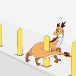  2017 ? a_questionable_pony_blog antlers bollard dragon feral fur furred_dragon horn madrigal mouthless outside pole public simple_background solo street white_background yellow_eyes 