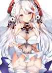  alternate_costume azur_lane bangs bare_shoulders blush breasts bridal_gauntlets bridal_veil choker collarbone commentary cowboy_shot dress dress_lift eyebrows_visible_through_hair finger_to_mouth flower garter_straps gloves groin hair_between_eyes hair_flower hair_ornament head_tilt headgear highres large_breasts lifted_by_self long_hair looking_at_viewer mole mole_on_breast multicolored_hair mutou_(94753939) parted_lips prinz_eugen_(azur_lane) red_hair see-through sidelocks silver_hair skindentation smile solo streaked_hair swept_bangs thighhighs thighs two_side_up veil very_long_hair wedding_dress white_dress white_gloves white_legwear 