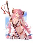  ass_visible_through_thighs bikini blue_eyes blush braid breasts chicami cloud collarbone day double_bun draph earrings frilled_bikini frills granblue_fantasy groin hair_twirling head_tilt highres holding holding_sword holding_weapon horns jewelry katana large_breasts long_hair looking_at_viewer narmaya_(granblue_fantasy) navel outdoors parted_lips pink_hair pointy_ears sky smile solo standing star star_earrings swimsuit sword thigh_strap transparent_background twintails very_long_hair water weapon white_bikini 