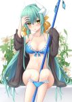  aqua_hair bare_shoulders bikini bikini_pull blue_bikini blush breasts cardigan fate/grand_order fate_(series) hair_ribbon highres kiyohime_(fate/grand_order) kiyohime_(swimsuit_lancer)_(fate) large_breasts long_hair looking_at_viewer nail_polish navel off_shoulder polearm ribbon sitting solo swimsuit very_long_hair weapon yellow_eyes yoye_(pastel_white) 