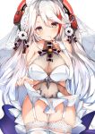  adapted_costume azur_lane bangs bare_shoulders blush breasts bridal_gauntlets bridal_veil choker collarbone commentary cowboy_shot dress dress_lift eyebrows_visible_through_hair finger_to_mouth flower garter_straps gloves groin hair_between_eyes hair_flower hair_ornament head_tilt headgear highres large_breasts lifted_by_self long_hair looking_at_viewer mole mole_on_breast multicolored_hair mutou_(94753939) parted_lips prinz_eugen_(azur_lane) red_hair see-through sidelocks silver_hair skindentation smile solo streaked_hair swept_bangs thighhighs thighs two_side_up veil very_long_hair wedding_dress white_dress white_gloves white_legwear 