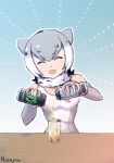  2018 5_fingers animal_humanoid armwear asian_small-clawed_otter_(kemono_friends) beverage beverage_can biped blue_background breasts clothed clothing digital_drawing_(artwork) digital_media_(artwork) elbow_gloves eyes_closed female fingerless_gloves front_view fur glass gloves gradient_background grey_hair h&uuml;seyin hair half-length_portrait head_tilt hi_res holding_object humanoid humanoid_hands kemono_friends light_skin mammal monster_energy multicolored_hair mustelid mustelid_humanoid neck_tuft open_mouth open_smile otter outline portrait pouring short_hair simple_background small_breasts smile solo tan_skin tuft turkish two_tone_hair white_background white_clothing white_fur white_hair 