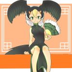  2018 370ml animal_humanoid avian avian_humanoid biped bird black_clothing black_feathers black_hair black_tail black_wings blonde_hair breasts chinese_clothing chinese_dress clothed clothing cormorant digital_drawing_(artwork) digital_media_(artwork) dress eyelashes feathered_wings feathers female folding_fan front_view fully_clothed green_eyes hair hand_fan head_wings holding_object humanoid humanoid_hands japanese japanese_cormorant_(kemono_friends) kemono_friends light_skin looking_at_viewer medium_breasts multicolored_hair orange_background orange_hair portrait simple_background sitting small_waist smile solo tail_feathers tan_skin three-quarter_portrait white_hair wings 
