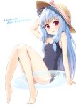  :d bangs barefoot blue_hair blunt_bangs character_name commentary_request eyebrows_visible_through_hair feet full_body hand_on_headwear hat hat_ribbon innertube kotonoha_aoi long_hair looking_at_viewer ominaeshi_(takenoko) one-piece_swimsuit open_mouth red_eyes ribbon simple_background smile solo strap_slip sun_hat swimsuit voiceroid white_background 
