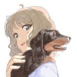  ahoge andou_shuuki animal black_eyes close-up commentary_request dog flower hair_flower hair_ornament highres holding holding_animal idolmaster idolmaster_million_live! light_brown_hair open_mouth portrait short_hair suou_momoko white_background 