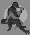  2016 anthro argonian breasts claws duo eliotak erakare feathers female hi_res holding_character holding_head horn kherr&#039;za larger_male lotus_position male male/female monochrome muscular muscular_male scalie sex simple_background sitting size_difference the_elder_scrolls video_games 