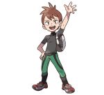  arm_up artist_request backpack bag black_eyes black_legwear black_shirt brown_hair full_body green_pants hand_on_hip happy looking_at_viewer male_focus mizutani_megumi official_art open_mouth outline pants pokemon pokemon_(game) pokemon_lgpe red_footwear shin_(pokemon) shirt shoes short_hair short_sleeves smile socks solo standing teeth transparent_background white_outline 