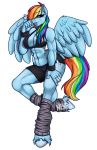  2018 abs alpha_channel anthro big_breasts blue_fur bra breasts cleavage clothed clothing cutie_mark digital_media_(artwork) equine feathers female floating friendship_is_magic fur hair hi_res hooves leg_warmers legwear looking_at_viewer mammal midriff multicolored_hair muscular muscular_female my_little_pony navel nightmarebearpuff open_mouth pegasus rainbow_dash_(mlp) rainbow_hair shirt shorts signature simple_background smile solo sports_bra teeth thick_thighs transparent_background underwear voluptuous white_outline wide_hips wings wristband 