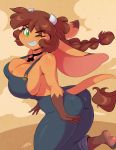  2018 anthro big_breasts bovine braided_hair breasts brown_hair butt cattle chalo clothed clothing digital_media_(artwork) female green_eyes hair horn las_lindas long_hair looking_at_viewer mammal mora_linda one_eye_closed overalls smile solo wink 