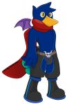  2018 alpha_channel anthro avian beak bird blue_feathers boots briefs bulge chaps clothed clothing demon digital_media_(artwork) disgaea english_text feathers finch footwear hair hi_res male mammal membranous_wings notkastar notska_(character) partially_clothed prinny red_scarf scarf signature simple_background solo text underwear video_games wings yellow_eyes 
