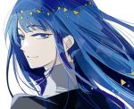  androgynous bangs blue_eyes blue_hair blunt_bangs colored_eyelashes gem_uniform_(houseki_no_kuni) houseki_no_kuni lapis_lazuli_(houseki_no_kuni) long_hair looking_at_viewer looking_back shumiko_(kamenokoueki) smile solo 