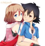  1girl ashujou black_gloves black_hair blue_eyes blue_shirt brown_hair couple eyebrows_visible_through_hair gloves hair_between_eyes highres hug hug_from_behind parted_lips pokemon pokemon_(anime) pokemon_xy_(anime) red_eyes satoshi_(pokemon) serena_(pokemon) shirt short_hair short_sleeves simple_background smile upper_body white_background 