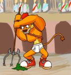  blush briefs clothing crash_bandicoot crash_bandicoot_(series) embarrassed footwear gladiator humiliation loincloth melee_weapon pitchfork polearm public public_humiliation shoes sneakers thycaline tighty_whities tiny_tiger trident underwear video_games weapon 