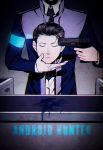  android armband bai_rui black_hair blood blood_from_mouth blue blue_blood closed_eyes connor_(detroit) detroit:_become_human disembodied_head eyelashes gun_to_head head_out_of_frame highres male_focus necktie pool_of_blood solo 