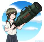  black_eyes black_hair blue_skirt blue_sky braid camera casual cloud cowboy_shot day hair_between_eyes isonami_(kantai_collection) kantai_collection kunsei_hamu looking_at_viewer open_mouth oversized_object pleated_skirt shirt sidelocks skirt sky solo t-shirt twin_braids zoom_lens 