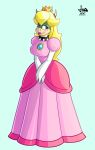  3-fingers alternate_species armwear blonde_hair blue_background breasts bridal_gauntlets brooch clothing crown curved_horn dress green_skin hair jamearts koopa lipstick makeup mario_bros nintendo princess_koopa princess_peach rosy_cheeks scalie simple_background video_games white_skin 