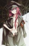  1girl armband blue_eyes breasts dies_irae hat long_hair looking_at_viewer military military_hat military_uniform navel no_bra open_clothes open_shirt red_hair rusalka_schwagerin shirt unbuttoned uniform 