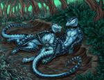  2013 acidapluvia anthro blue_scales breasts brown_eyes clitoris clitoris_piercing collar duo eye_contact female forest genital_piercing lizard male navel nipple_piercing nipples non-mammal_breasts piercing pussy pussy_piercing reclining reptile romantic_couple scales scalie simple_background tongue tongue_out tree update water 