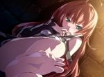  1girl armband blue_eyes blush dies_irae feet indoors legs long_hair pov_feet red_hair rusalka_schwagerin thighs toes tongue uniform 