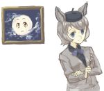  2017 4_fingers amber_eyes animal_humanoid artist beret biped blue_clothing blue_eyes bow_tie breasts clothed clothing cloud crossed_arms digital_drawing_(artwork) digital_media_(artwork) dress_shirt female front_view frown full_moon grey_clothing grey_hair hair half-length_portrait hat holding_object humanoid humanoid_hands japanese kemono_friends kiuhouse light_skin looking_at_viewer mammal moon night open_mouth open_smile paintbrush painting pale_skin picture_frame portrait shirt short_hair simple_background sky small_breasts smile solo standing sweater tarpan_(kemono_friends) white_background 