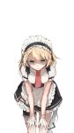  apron bangs blonde_hair blue_eyes braid breasts cropped_jacket dress eyebrows_visible_through_hair framed_breasts g36_(girls_frontline) girls_frontline gloves gradient_hair hair_between_eyes hair_ornament hands_on_own_thighs highres leaning_forward long_hair looking_at_viewer maid maid_apron maid_headdress medium_breasts multicolored_hair open_mouth red_neckwear shaded_face shuzi sidelocks silver_hair single_braid solo thighs very_long_hair white_background white_gloves 