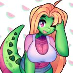  2018 alligator anthro blonde_hair breasts cleavage clothed clothing crocodilian digital_media_(artwork) female hair long_hair looking_at_viewer matz non-mammal_breasts one_eye_closed open_mouth raikissu reptile scalie solo wink 