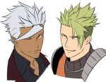  2boys achilles_(fate) dark_skin dark_skinned_male fate/apocrypha fate_(series) green_hair grey_hair gundam gundam_tekketsu_no_orphans hikichi_sakuya look-alike male_focus multiple_boys one_eye_closed orga_itsuka pointy_hair portrait smile white_background 