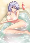  absurdres ass barefoot bath bathtub blue_eyes breasts collarbone commentary_request covering covering_breasts dutch_angle eyebrows_visible_through_hair feet_out_of_frame hair_between_eyes head_tilt highres indoors izayoi_sakuya large_breasts looking_at_viewer lying maid_headdress nude on_side parted_lips partially_submerged shiny shiny_skin short_hair silver_hair soap soap_bottle solo steam thighs touhou water wuwusan 