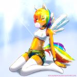  animal_humanoid bra breasts clothed clothing feathered_wings feathers female friendship_is_magic fully_clothed humanoid legwear mammal my_little_pony navel portrait rainbow_dash_(mlp) rockarboom shorts simple_background small_breasts sports_bra stockings sunlight thigh_highs underwear winged_humanoid wings 
