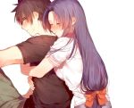  1girl bangs blue_hair blush bow breast_press brown_hair chidori_kaname closed_eyes couple facial_scar full_metal_panic! hair_bow hetero hug hug_from_behind jugemu57107754 long_hair looking_back pants parted_bangs profile sagara_sousuke scar scar_on_cheek shirt short_hair short_sleeves simple_background sitting spiked_hair sweatdrop white_background 