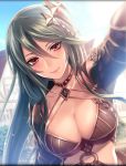  armor artist_request blush breasts choker cleavage gae_bolg_(phantom_of_the_kill) green_hair highres house jewelry large_breasts looking_at_viewer o-ring official_art phantom_of_the_kill red_eyes solo 