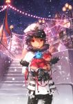  black_hair clock clock_tower doll elsword elsword_(character) gloves highres light red_eyes scorpion5050 sky smile snow snowflakes snowman stairs tower tree 