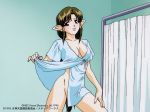  1girl 90s anjela breasts brown_hair cleavage copyright_name cowboy_shot dated hand_on_thigh indoors large_breasts long_hair megami_paradise naked_shirt official_art open_mouth pointy_ears red_eyes shirt shirt_pull short_sleeves solo 