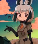  2018 5_fingers :&gt; animal_humanoid armwear bat-eared_fox bat-eared_fox_(kemono_friends) biped black_clothing black_hair black_tail blush bow_tie breasts brown_eyes canine canine_humanoid clothing cloud digital_drawing_(artwork) digital_media_(artwork) dipstick_tail dog_humanoid earbuds elbow_gloves eyelashes female front_view gloves grey_clothing grey_hair grey_tail hair half-length_portrait headphones humanoid humanoid_hands inner_ear_fluff japanese kemono_friends light_skin listening_to_music looking_away mammal motion_lines multicolored_hair multicolored_tail musical_note orange_clothing pockets pointing portable_music_player portrait school_uniform short_hair sky small_breasts smile snapping snapping_fingers solo star starry_sky tan_skin two_tone_hair two_tone_tail uniform 緘黙さん 