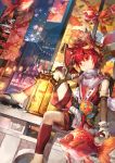  architecture detached_sleeves door east_asian_architecture elsword elsword_(character) fish goldfish hair_ornament headband highres lantern red_eyes red_hair scarf scorpion5050 sitting sword_hilt 