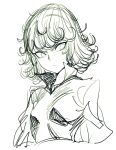  1girl breasts curly_hair dress female long_sleeves monochrome one-punch_man serious short_hair simple_background sketch small_breasts solo space_jin tatsumaki upper_body white_background 