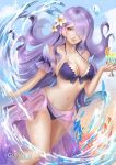  alcohol alternate_costume armlet bare_shoulders bikini breasts camilla_(fire_emblem_if) cleavage collarbone commentary cup drink drinking_glass english_commentary fire_emblem fire_emblem_heroes fire_emblem_if flower food fruit glass gumae hair_flower hair_ornament hair_over_one_eye halterneck holding holding_cup large_breasts lips long_hair looking_at_viewer navel patreon_username purple_bikini purple_eyes purple_hair sarong summer swimsuit wavy_hair 