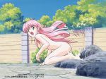  1girl 90s ass blue_eyes convenient_arm copyright copyright_name dated day eyebrows_visible_through_hair hair_between_eyes long_hair looking_at_viewer megami_paradise nude official_art onsen open_mouth outdoors pink_hair rurubell solo splashing tongue water 