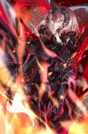  absurdres ahoge armor armored_dress black_dress breasts chain commentary dorashieru dress eyebrows_visible_through_hair fate/grand_order fate_(series) faulds flag fur_trim gauntlets headpiece highres holding holding_flag holding_weapon jeanne_d'arc_(alter)_(fate) jeanne_d'arc_(fate)_(all) polearm silver_hair thighhighs weapon yellow_eyes 