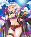  absurdres aura belt bikini blue_sky breasts brown_gloves cape cloud commentary_request dark_aura day female_my_unit_(fire_emblem:_kakusei) fire_emblem fire_emblem:_kakusei fire_emblem_heroes food gimurei gloves highres holding holding_spoon large_breasts my_unit_(fire_emblem:_kakusei) one_eye_closed open_mouth plate pudding red_eyes sky solo spoon swimsuit takobe thigh_strap twintails twitter_username white_hair 