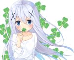  bangs blue_eyes blush clover collarbone commentary_request covered_mouth eyebrows_visible_through_hair four-leaf_clover gochuumon_wa_usagi_desu_ka? hair_between_eyes hair_ornament holding kafuu_chino long_hair long_sleeves looking_at_viewer shirt silver_hair simple_background solo sutei_(xfzdarkt) very_long_hair white_background white_shirt x_hair_ornament 