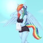  2018 absurd_res anthro blue_background blue_feathers blush bra breasts cleavage clothed clothing cutie_mark equine eyebrows eyelashes eyes_closed feathered_wings feathers female friendship_is_magic hair hi_res long_hair mammal multicolored_hair my_little_pony open_mouth outside pegasus portrait rainbow_dash_(mlp) rainbow_hair signature simple_background skirt sky solo sports_bra sun suqarskvll sweat three-quarter_portrait towel underwear wings 