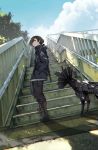  assault_rifle bridge brown_hair cloud cloudy_sky commentary_request cyberpunk dappled_sunlight day dog elizabethan_collar gun hair_over_one_eye hands_in_pockets highres hood hoodie m4_carbine mechanization morion_airlines original rifle short_hair sky stairs sunlight weapon 