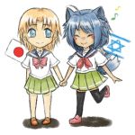  ahoge ambiguous_gender animal_humanoid blonde_hair blue_fur blue_hair blush clothed clothing dog_humanoid duo eyes_closed flag footwear fur galil_(upotte) gsl103 hair hand_holding hebrew_flag human humanoid ichihachi_(upotte) israel japan japanese legwear mammal musical_note school_uniform shoes simple_background skirt smile standing thigh_highs uniform upotte!! white_background ✡ 銀之城 