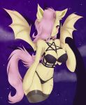  2018 absurd_res alternate_species anthro bat_pony bat_wings blush bra breasts choker cleavage clothed clothing cutie_mark equine eyebrows eyelashes fangs female flutterbat_(mlp) fluttershy_(mlp) friendship_is_magic hair hair_over_eye hi_res hooves legwear lingerie mammal membranous_wings my_little_pony navel night outside panties pantyhose pink_hair portrait red_eyes signature sky slit_pupils solo spread_wings star starry_sky suqarskvll thigh_highs three-quarter_portrait tree underwear watermark wings 