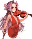  bangs bare_arms breasts breasts_apart cowboy_shot dress fujinozu grin halter_dress halterneck holding holding_instrument instrument jun'you_(kantai_collection) kantai_collection messy_hair no_bra pink_hair plunging_neckline purple_hair red_dress red_eyes simple_background smile solo spiked_hair violin white_background 